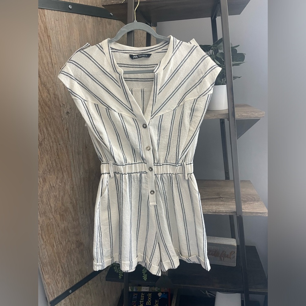 NWOT Zara Stiped Button Down Linen Romper SIZE M